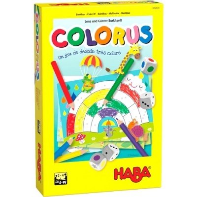 Embalagem amarela do jogo Colorus da HABA com lápis e dados coloridos