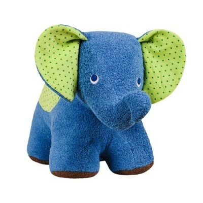 Elefante de peluche azul com orelhas verdes com pontos