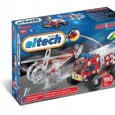 Caixa azul de brinquedo de construção Eitech com imagens de helicóptero e veículo vermelhos e prateados