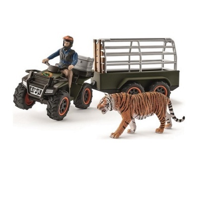 Brinquedo de quadriciclo com figura de homem e reboque, com figura de tigre