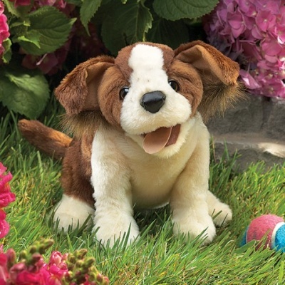 Pelúcia de cachorro marrom e branco em relva com flores e bola colorida