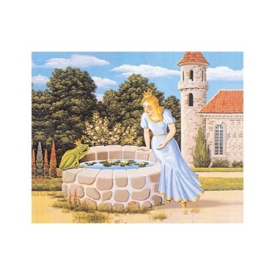 Ilustração de princesa com rã junto a poço em castelo