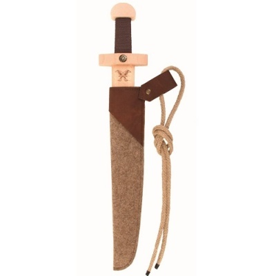Adaga de madeira com bainha de pano castanho e corda