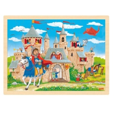 Quebra-cabeças de madeira infantil com castelo medieval, cavaleiros e dragão.