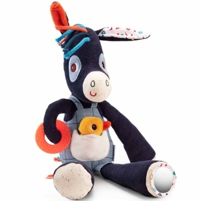 boneco de peluche em forma de burro azul escuro com acessórios coloridos