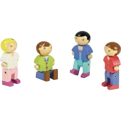 Quatro bonecos de madeira coloridos em diferentes posições