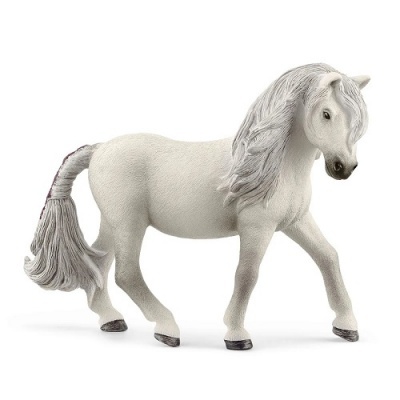 Figura de cavalo branco com crina e cauda cinzenta em fundo branco