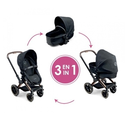 Carrinho de bebé preto 3 em 1 com estrutura castanho escuro