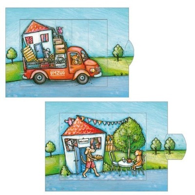 Ilustrações coloridas infantis de uma carrinha de mudança vermelha e uma casa com varanda e pessoas no jardim.