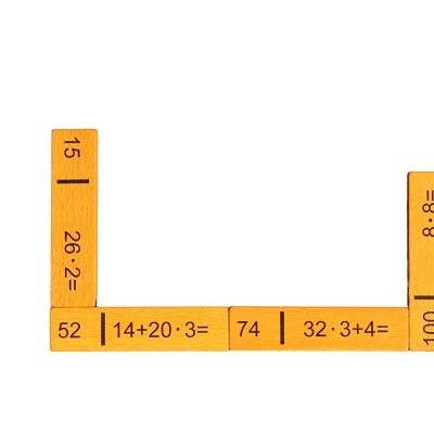 Peças de dominó amarelas com números e operações matemáticas