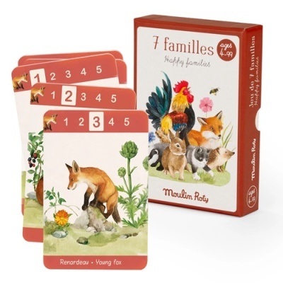 Jogo de cartas 7 familles Moulin Roty com ilustrações de animais e números em fundo branco e vermelho