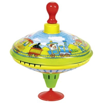 Peão de brinquedo metálico colorido com ilustração de comboio