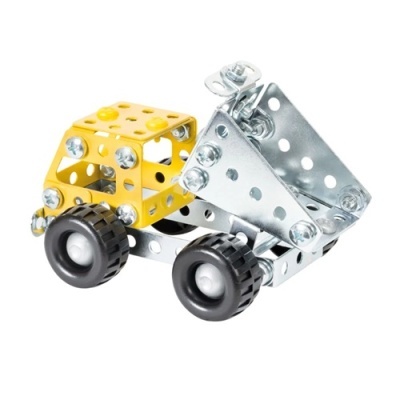 Veículo de brinquedo metálico amarelo com pneus pretos e caçamba prateada