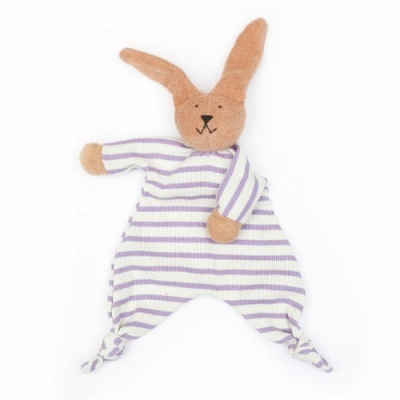 Brinquedo de peluche coelho riscas lilás e branco com cabeça castanha