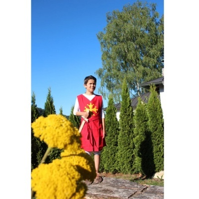 Menino de túnica vermelha no jardim segurando ramo com flores amarelas