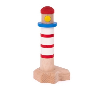 Farol de madeira decorativo com riscas vermelhas e brancas, topo vermelho e detalhes em azul e amarelo