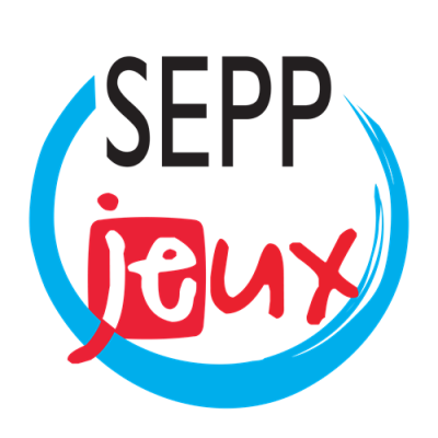 Logótipo SEPP jogos com texto em preto, vermelho e círculo azul