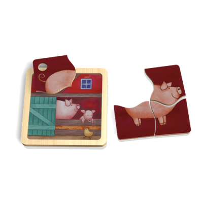 Quebra-cabeças infantil de madeira com tema de porcos e celeiro
