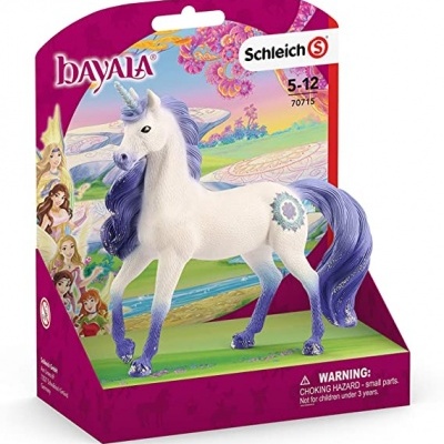 Brinquedo unicórnio branco com crina lilás na embalagem rosa bayala Schleich