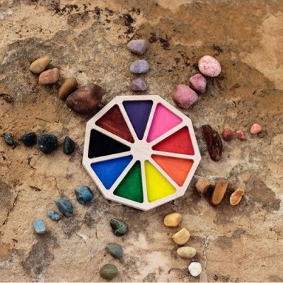 Paleta de giz de cera colorido com pedras ao redor em superfície rochosa