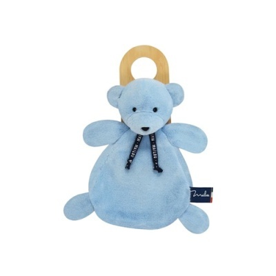 Chupeta azul de peluche com pega de madeira em forma de urso