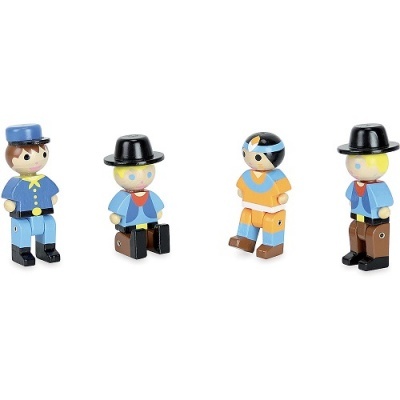 Quatro figuras de madeira pintadas, personagens coloridas sentadas ou em pé