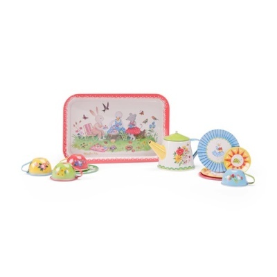 Conjunto de chá infantil em metal com tabuleiro, bule, chávenas e pratos coloridos