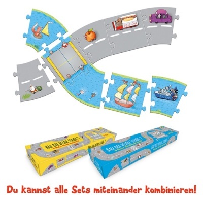 Puzzle infantil com tema de estrada, água e barcos, embalagens amarelas e azuis com texto em alemão.