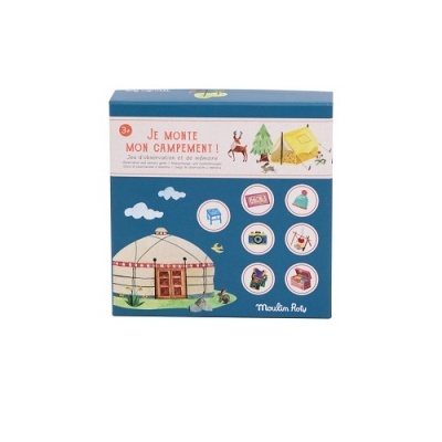 Caixa azul com ilustração de tenda e ícones de atividades de campismo e natureza