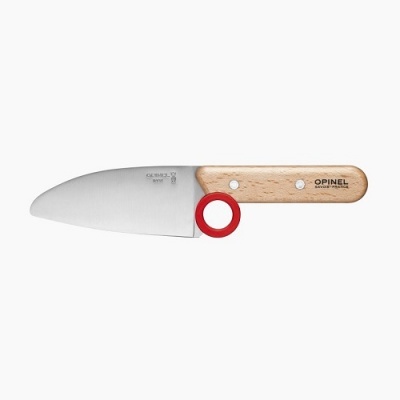 Faca de cozinha Opinel com lâmina de aço inoxidável e cabo de madeira clara e anel vermelho