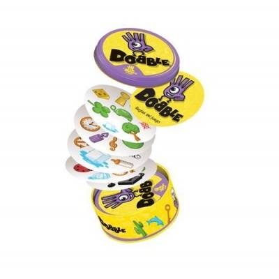 Jogo de cartas Dobble com cartas coloridas e caixas redondas amarelas e roxas