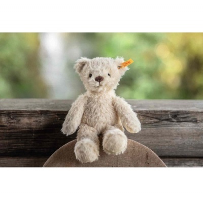 Ursinho de peluche creme sentado em cadeira castanha com fundo de vegetação