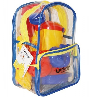 mochila transparente com brinquedos Spielstabil coloridos dentro