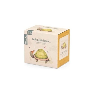 Caixa com ilustração de tartaruga e coelho, texto em francês e marca Moulin Roty.