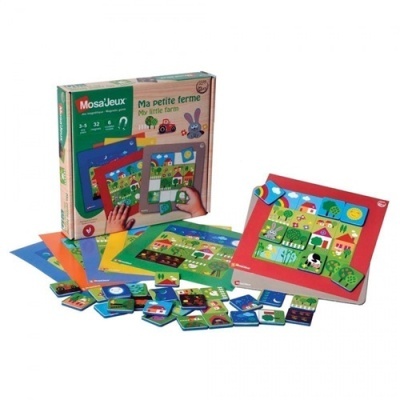 Jogo educativo MosaJeux Ma petite ferme com peças coloridas e caixa de cartão