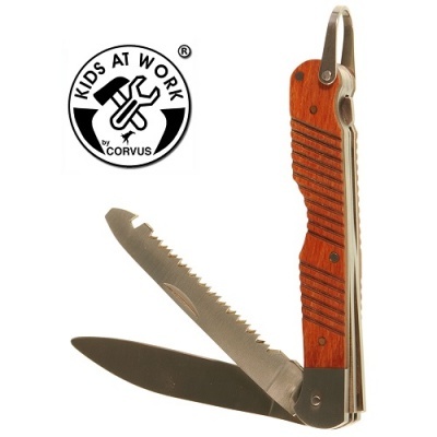 Canivete com lâminas em metal e cabo em madeira com ranhuras e alça metálica