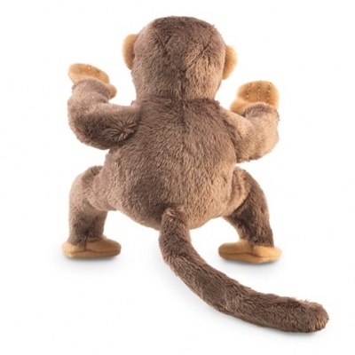 Urso de peluche castanho visto de trás com patas e orelhas bege