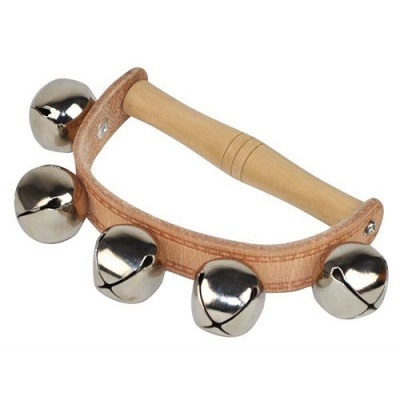 Grelha de cinco castanholas metálicas com pega de madeira e detalhes em couro