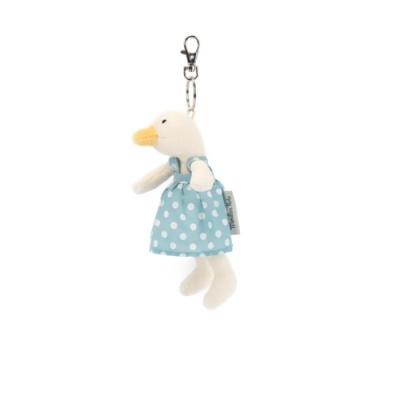 Porta-chaves de peluche em forma de pato com vestido azul de bolinhas brancas