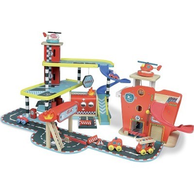 Brinquedo de madeira de bombeiros com garagem, carros e pista