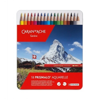 Caixa metálica com 18 lápis de cor Caran d'Ache Prismalo Aquarelle e imagem de montanha e bandeira da Suíça