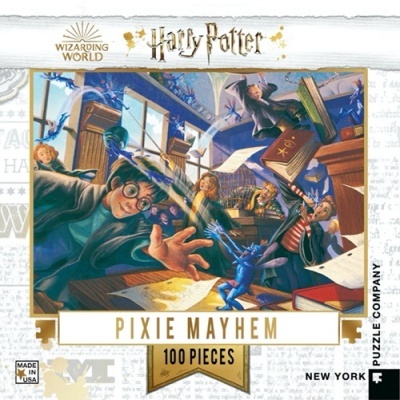 Caixa de puzzle Harry Potter com 100 peças PIXIE MAYHEM, personagens e criaturas mágicas em cenário interior