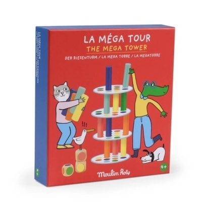 Embalaem de jogo de torre colorida com ilustrações de animais e textos multilingues