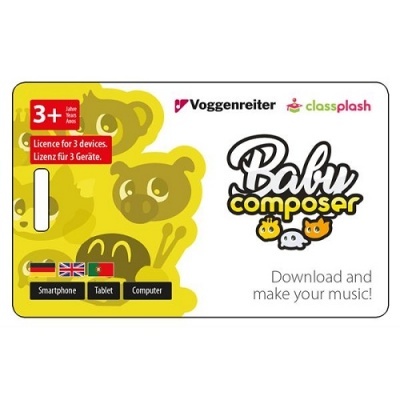 Cartão Voggenreiter Baby Composer para licença de software musical com cores branco e amarelo