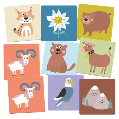 Cartões coloridos com desenhos de animais e natureza.