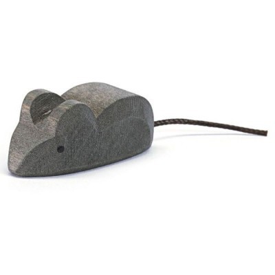 Figura de rato cinzenta de madeira com cauda de cordão castanho