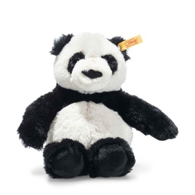 Ursinho de peluche panda preto e branco com etiqueta Steiff na orelha