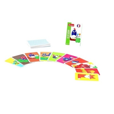 Jogo de cartas infantil colorido com ilustrações de animais e letras e caixa verde e branca.