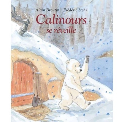 Capa de livro infantil com urso polar na neve e porta de madeira
