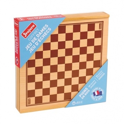 Tabuleiro de xadrez em madeira com embalagem com texto em francês
